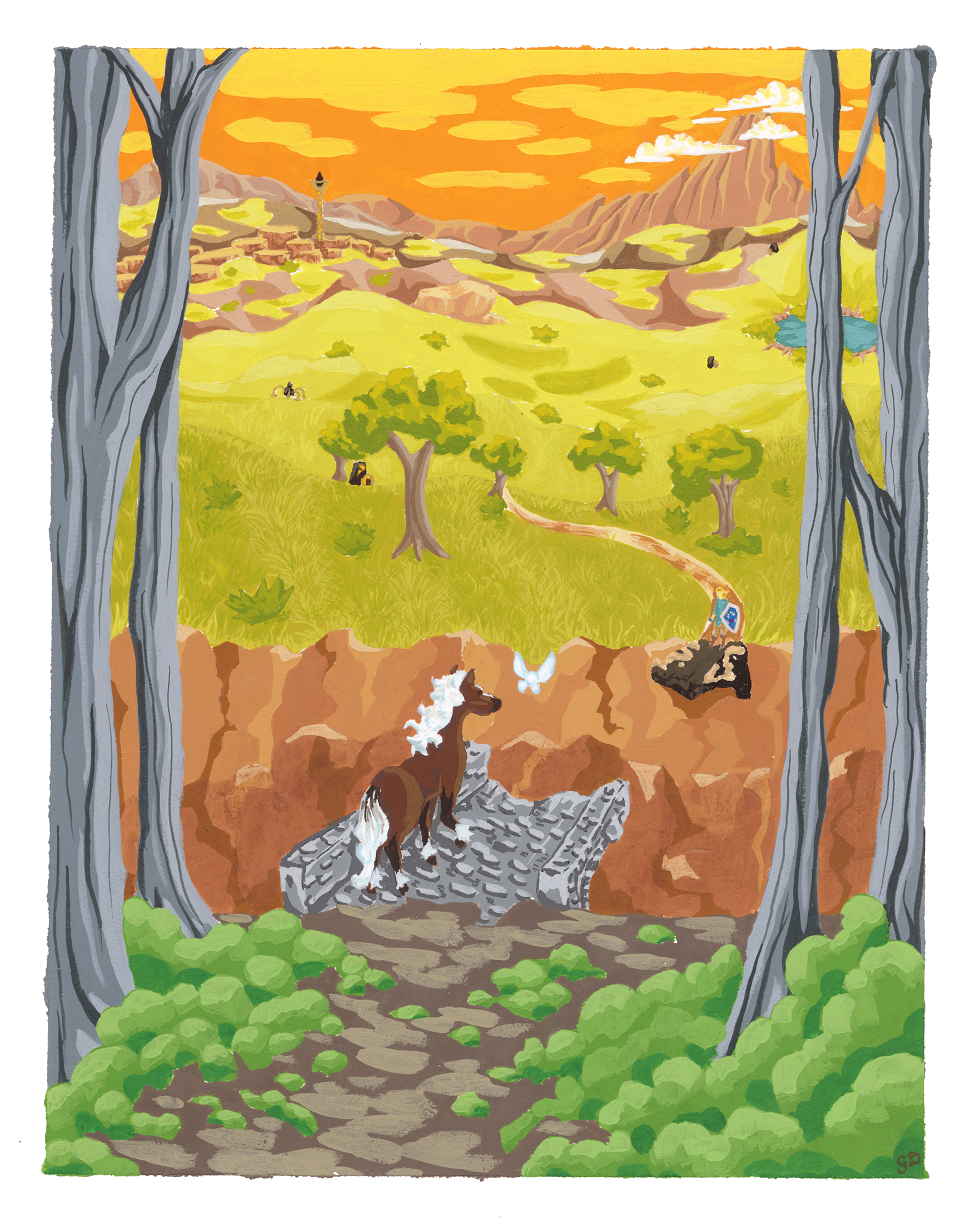 a horse and fairy on one side of a broken bridge, a man on the other with a landscape in the background